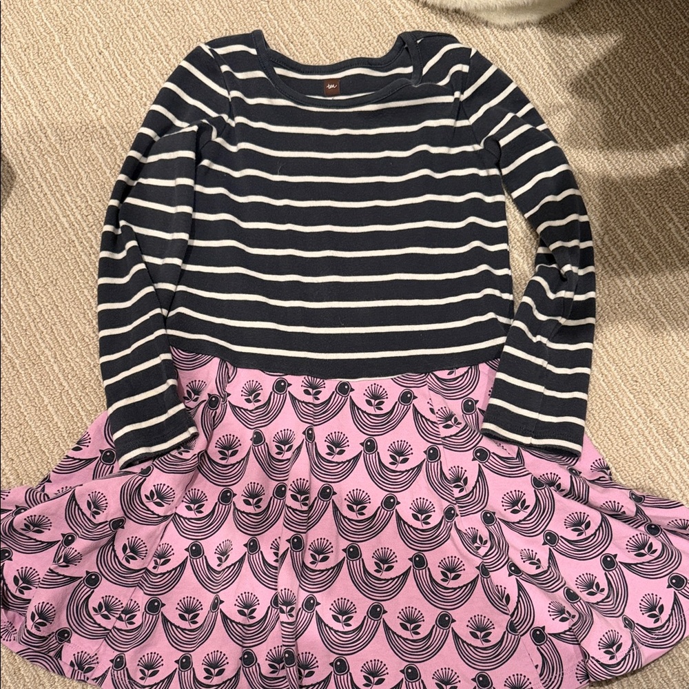 Tea Collection Striped Navy & White Top with Pink Patterned Skirt Dress